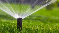 Sprinkler system spraying water on green lawn